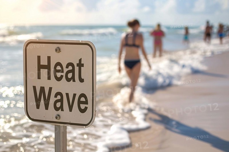 Sign with text 'Heat wave' in front of blurry sunny beach with people. KI generiert, generiert, AI generated