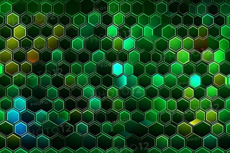 Abstract green hexagonal pattern with gradient and bright spots, AI generated