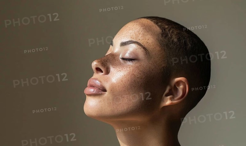 Elegant woman with short hair and freckles in soft lighting appearing contemplative AI generated