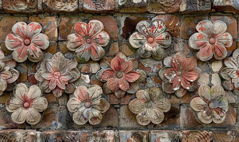 Aged flower carvings on decorative tiles spread across a brick wall AI generated