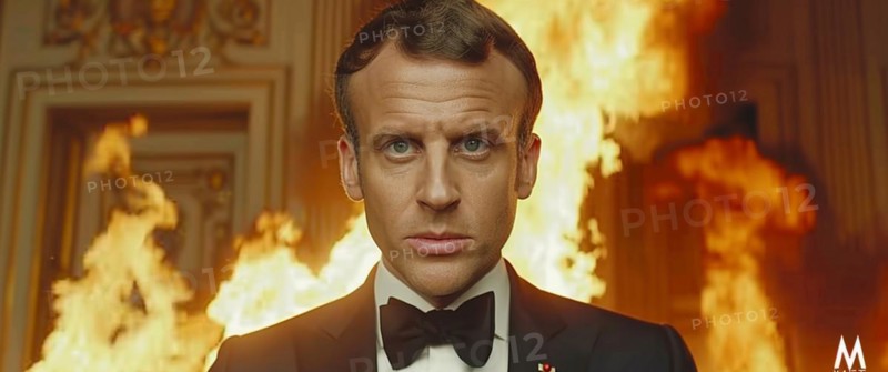 Charismatic french man in formal wear with a stern look amidst a backdrop of fire, AI generated