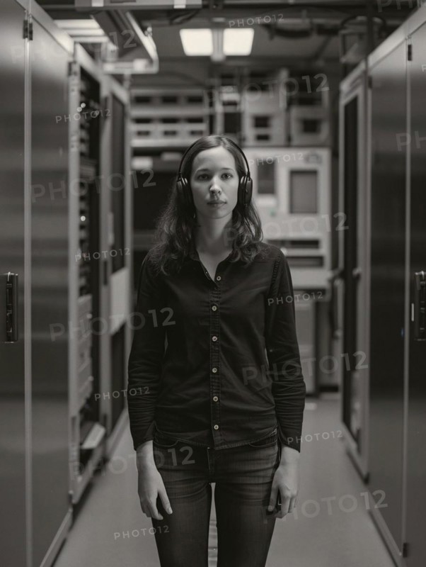 Serious female technician in a black and white shot standing in a server room of a data center, AI generated