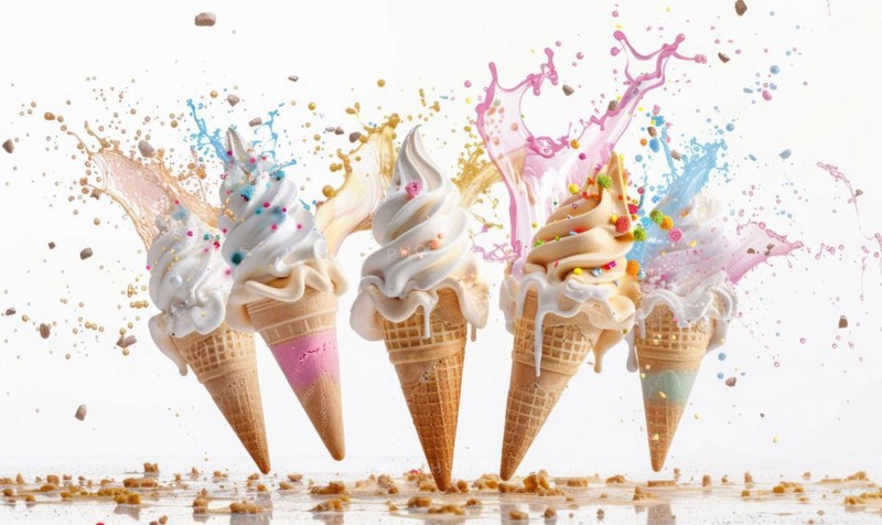 Ice cream cone explosion on white background AI generated
