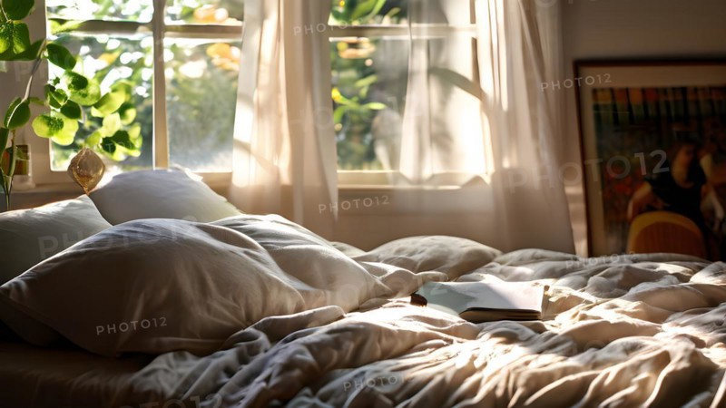 Imperfectly made bed in a sunlit room with rumpled sheets, AI generated