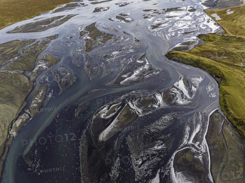 Overgrown river landscape, Eldhraun, near Kirkjubaejarklaustur, drone image, Sudurland, Iceland, Europe