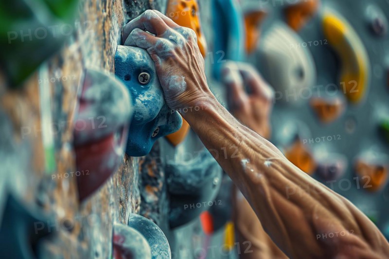 Close up of hand with chalk grabbing grip on artificial rock wall. KI generiert, generiert, AI generated