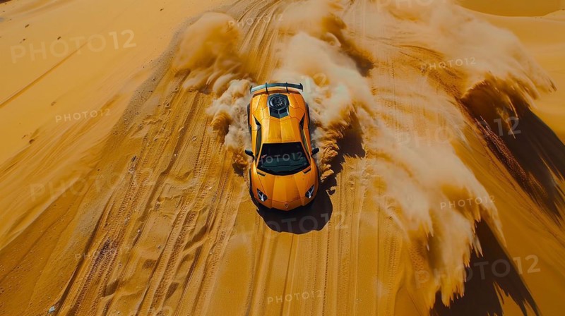 An orange car speeding through desert sand dunes, creating a massive dust trail, action sports photography, AI generated