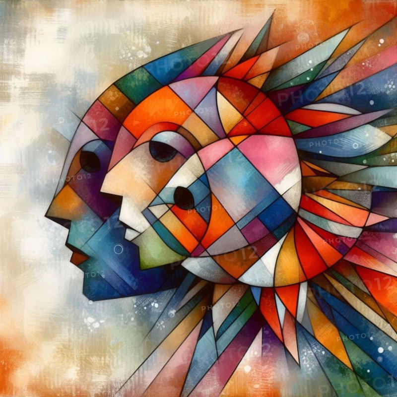 Modern abstract art with multiple colorful faces and geometric cubism style, square aspect, animal and human shapes morph, AI generated