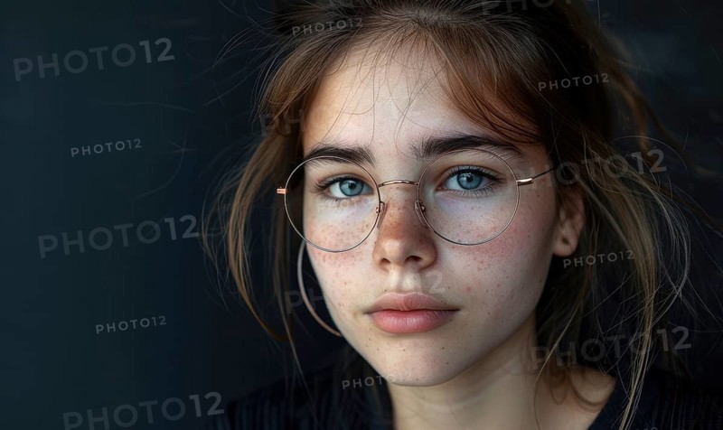 Piercing gaze of a thoughtful woman with freckles, framed by eyeglasses AI generated