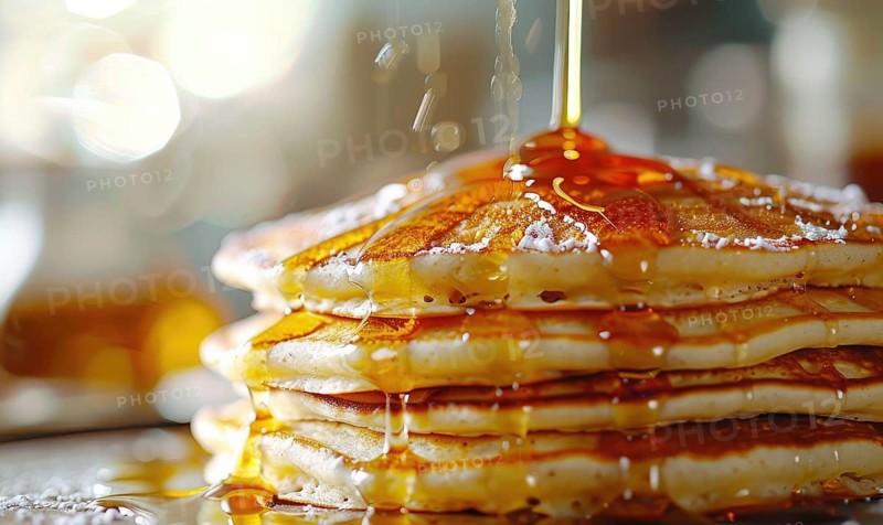 Close-up of syrup splashing onto a vibrant stack of golden pancakes AI generated