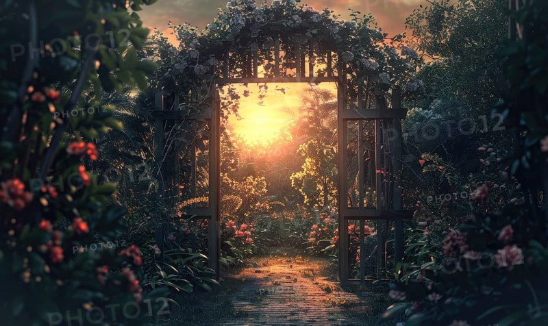 A sunset view through an arched gate over a garden path lined with flowers AI generated