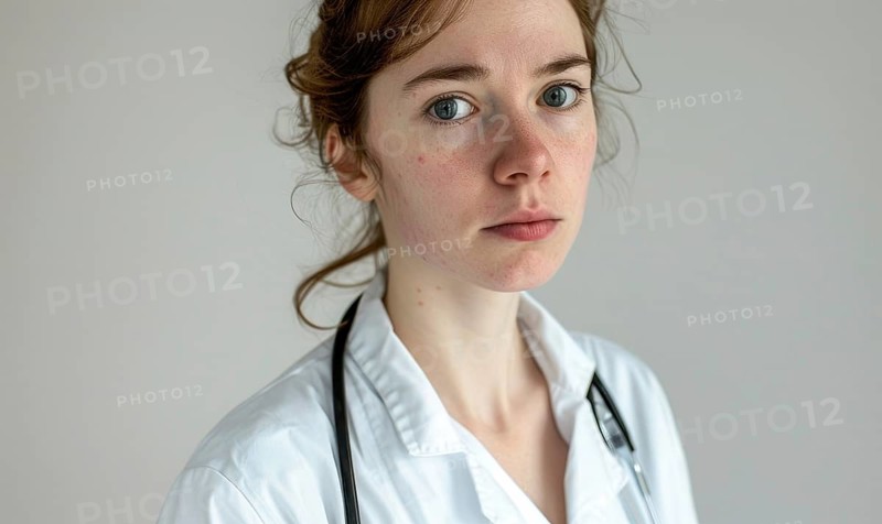 A stern-looking female doctor in a white coat with a stethoscope portrays professionalism AI generated
