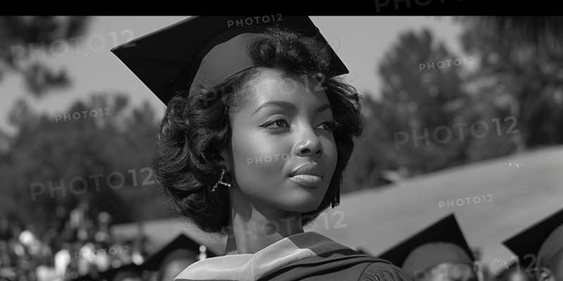 A poignantly poised black female graduate in side profile, 1960s film modd, black-and-white, AI generated