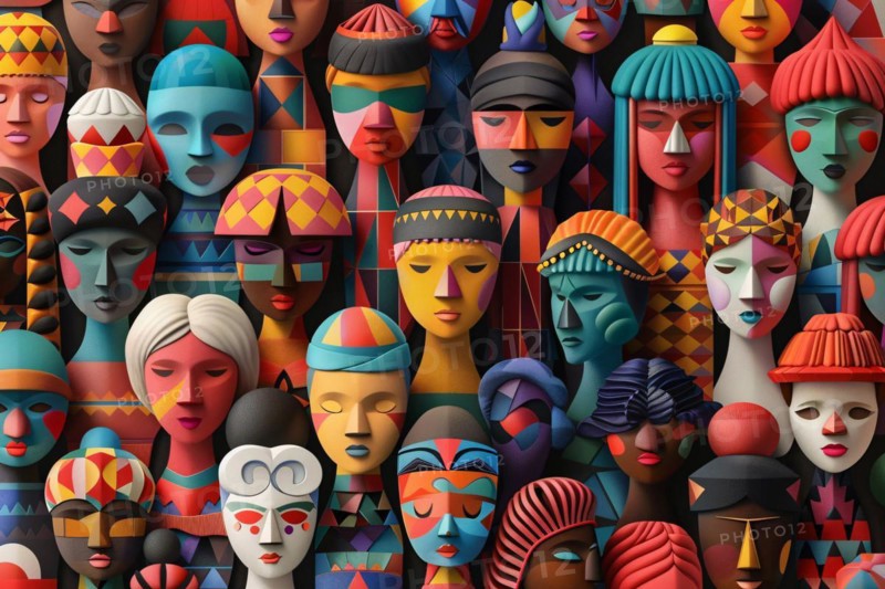 Colorful abstract artwork with a variety of patterned, figurative faces, illustration, AI generated