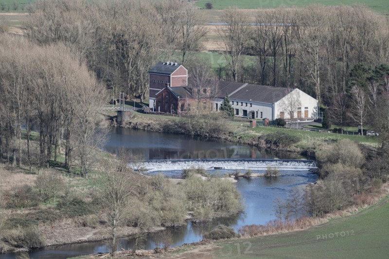 Volmarstein waterworks, top view from Volmarstein Castle, Ruhr makes a bend and flows down the weir, in the background bare high trees and fields, banks of the Ruhr, Ruhrauen, Wetter an der Ruhr, Ruhr area, Germany, Europe