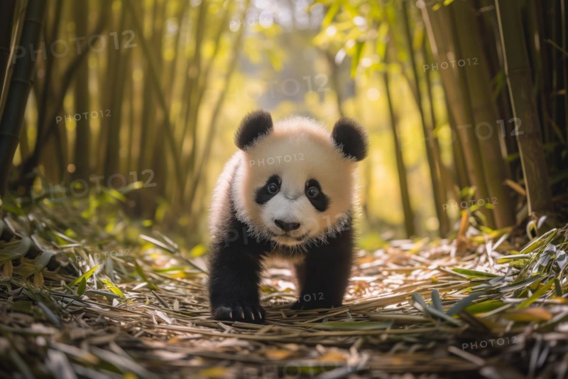 Cute panda cub in a lush bamboo grove, The image showcases the beauty and serenity of nature and wildlife. Endangered species, AI generated