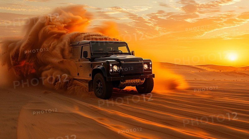 A vehicle speeding in the desert at sunset, kicking up a trail of sand, AI generated