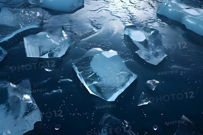 Ice chunks floating in dark oil slicked water showing the impact of oil spills on polar regions, AI generated