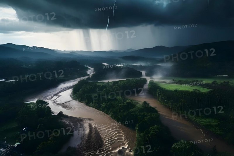 Heavy rainfall pouring on an already saturated ground leading to mudslides captured in a stormy twilight, AI generated