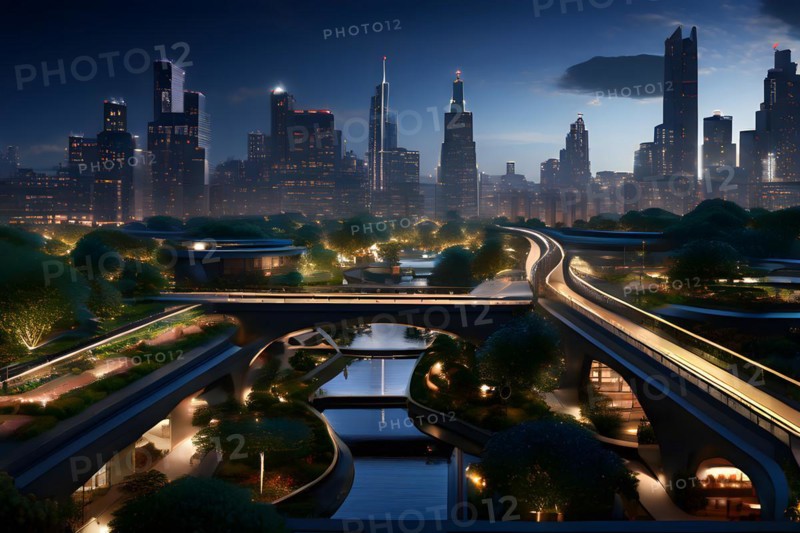 Cityscape designed with pedestrian priority elevated walkways intersect with verdant greenbelts, AI generated