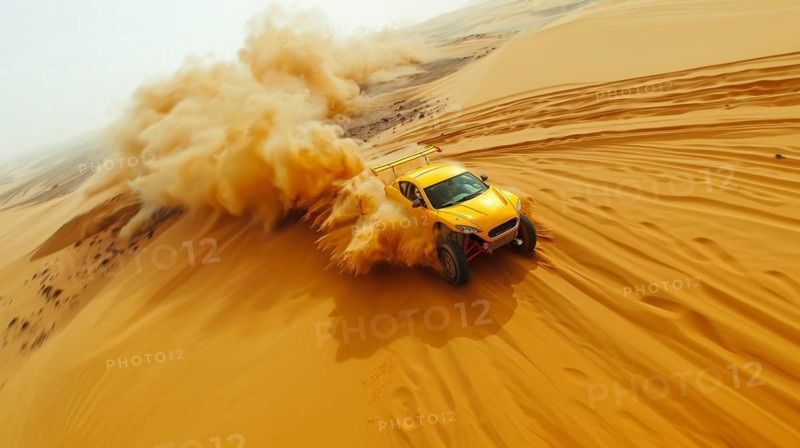 Performance car racing up a sandy dune, kicking up a cloud of dust, action sports photography, AI generated