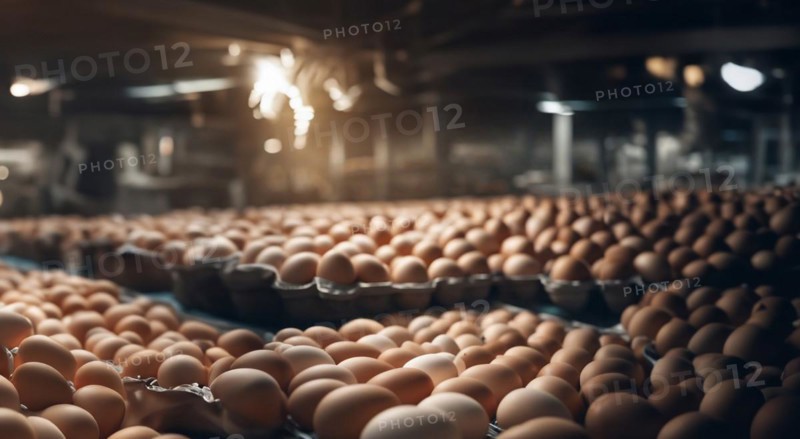 Egg production in a factory, eggs on a conveyor belt, AI generated