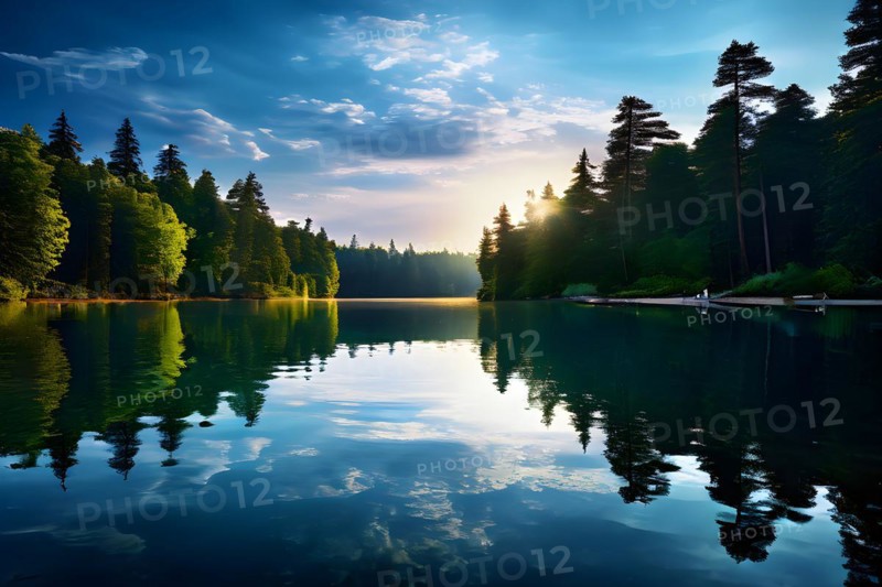 Serene summer lake in dense forests mirror like on calm water surface in sunrise, AI generated
