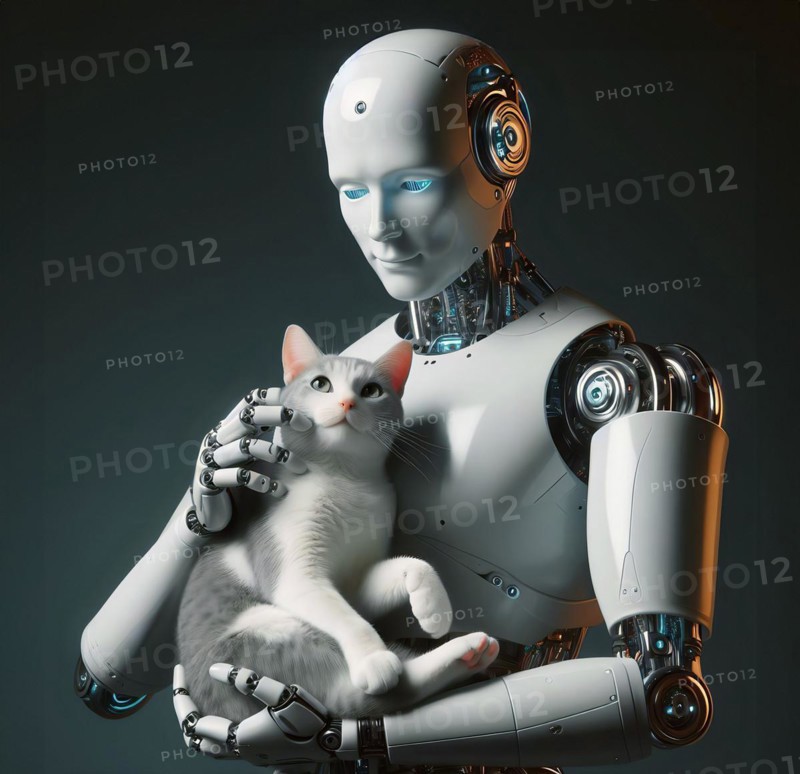 A humanoid robot holds a cat in its arms and strokes it, symbolic image cybernetics, emotion, animal love AI generated, AI generated