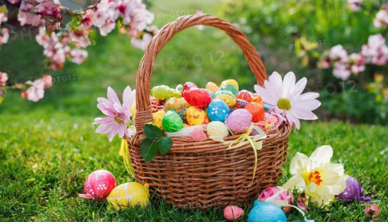 A festive Easter basket filled with colourful eggs, surrounded by spring flowers in the grass, symbol of Easter, AI generated, AI generated
