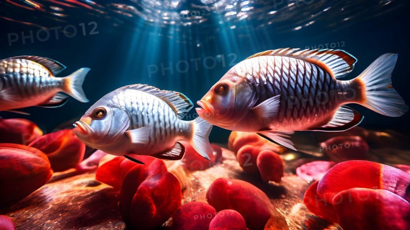 Tilapia fish gathering in a freshwater lake, AI generated, deep sea, fish, squid, bioluminescent, glowing, light, water, ocean