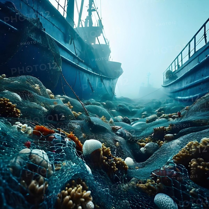Trawl net overflowing with a diverse mix of marine life, AI generated