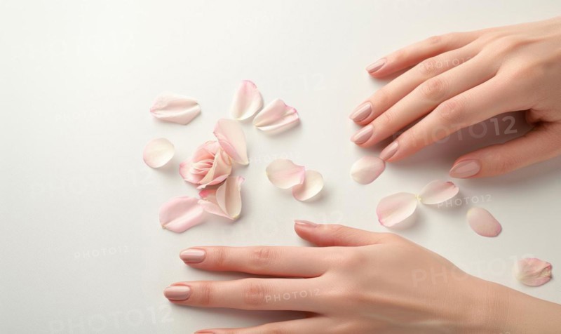 Woman's hand on white background with flower petals around AI generated