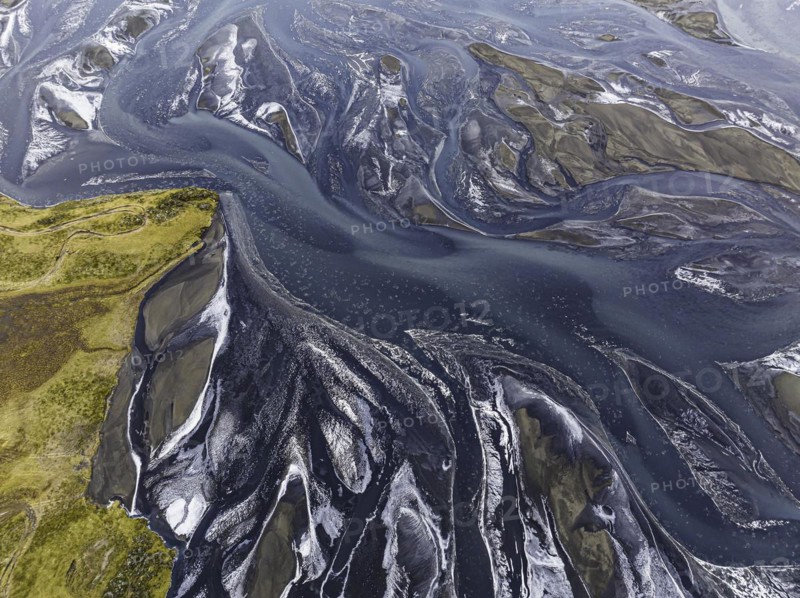 Overgrown river landscape, Eldhraun, near Kirkjubaejarklaustur, drone image, Sudurland, Iceland, Europe