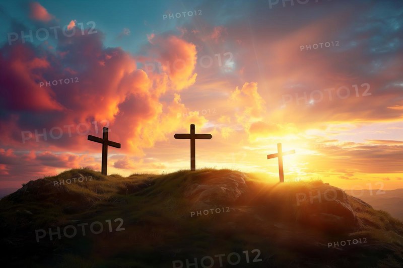 Easter concept three crosses on Golgotha Calvary hill against a dramatic sunset, AI generated