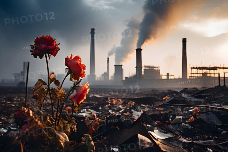 Wilted flowers against a backdrop of industrial smokestacks, AI generated