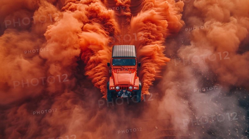 Aerial shot of a red jeep 4x4 vehicle creating a massive dust cloud in a desert, ai generated, AI generated