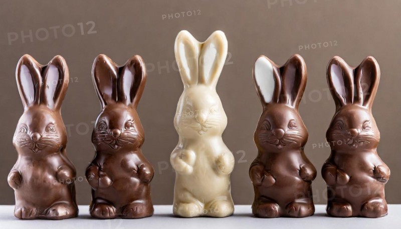 Different coloured chocolate bunnies lined up in a row, Easter symbol, AI generated, AI generated