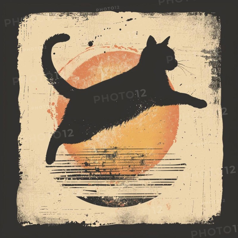 Retro styled image of a cat silhouette with a vintage paper texture and an abstract orange sun, AI generated