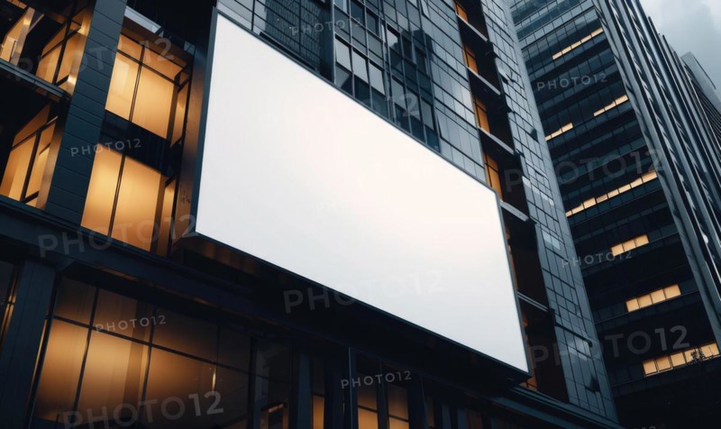 Blank screen banner mockup displayed on the modern building facade. Close Up view AI generated