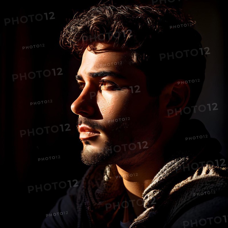 Candid portrait of a male person lost in thought and doubt, AI generated