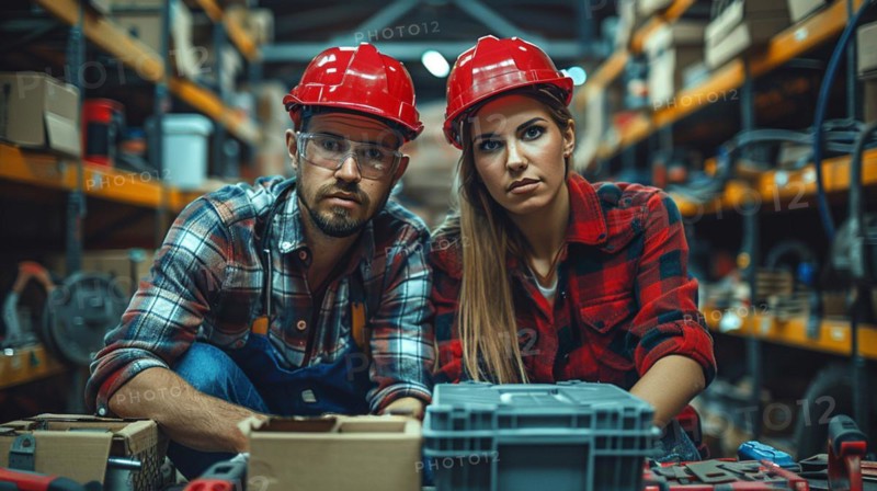 Two serious warehouse workers in safety helmets engaged in discussion, AI generated