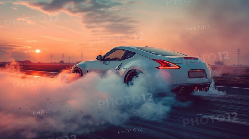A white sporty japanese coupe drifts creating clouds of smoke from burning wheels at sunset, AI generated