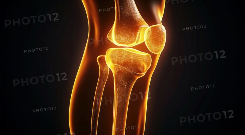 Anatomical illustration of human knee bones with a luminous orange outline against a black background, ai generated, AI generated