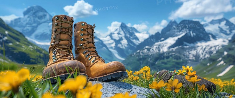 Hiking boots on a rock surrounded by wildflowers in an alpine setting, AI generated