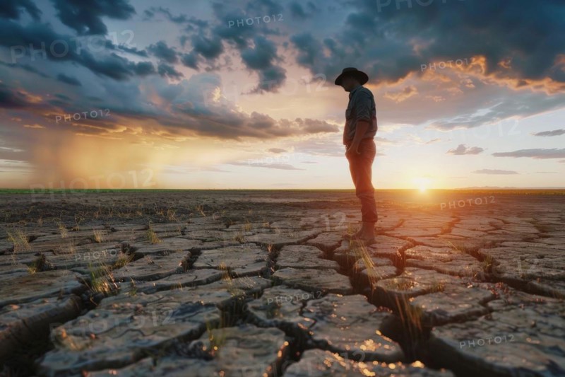 A farmer stands on a parched, cracked earth surface on the horizon a storm with heavy rain is approaching, symbolic image for water shortage, drought, extreme weather conditions, climate crisis, climate change, global warming, crop failure, crop failures, AI generated, AI generated, AI generated