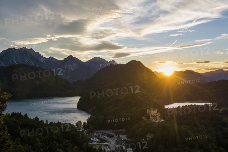 Hohenschwangau Castle, foehn storm, sunset, near Fuessen, Ostallgaeu, Allgaeu, Bavaria, Germany, Europe