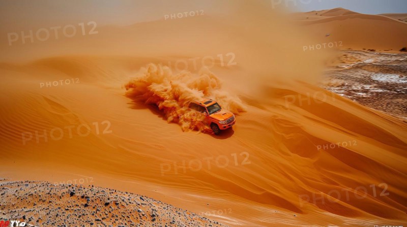 A car kicking up a large cloud of sand while driving through the desert, action sports photography, AI generated