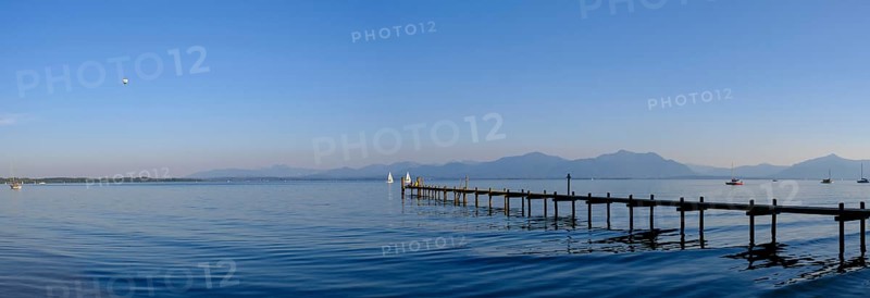 Lake Chiemsee with mountains from Hotel Malerwinkel, Chiemgau, Upper Bavaria, Bavaria, Germany, Europe