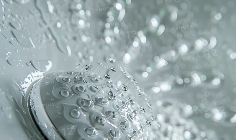 Macro shot of water droplets on a reflective metal shower head surface AI generated