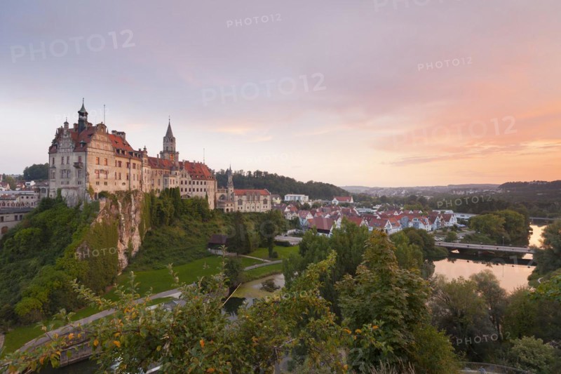 Hohenzollern Castle Sigmaringen with an enchanting sunset in summer